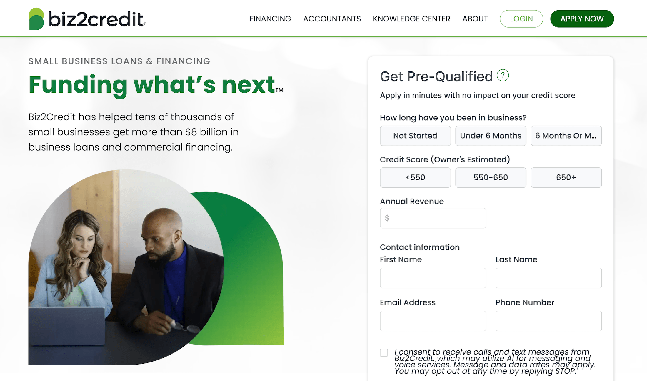 Biz2Credit homepage: Funding what’s next