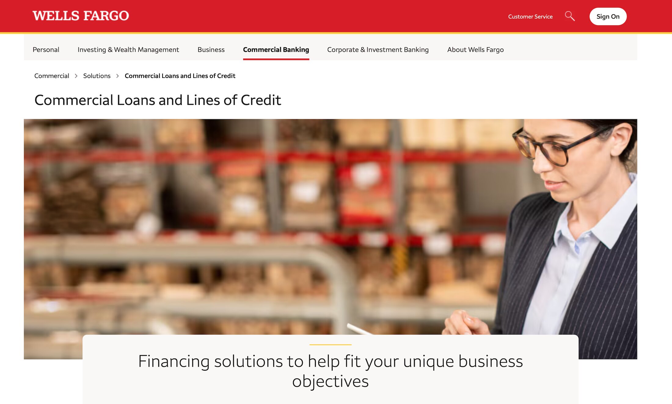 Wells Fargo Commercial Loans and Lines of Credit landing page